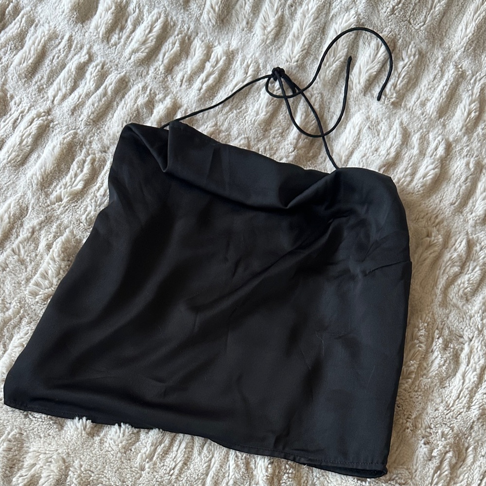 MOTEL ROCKS Halter Cow Neck Black Satin Top